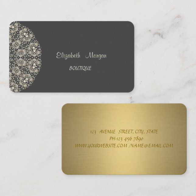 Elegant Lace Gray Gold Business Card (Front/Back)