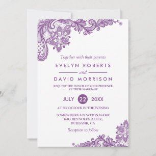 Elegant Lace Lavender Purple White Formal Wedding Invitation