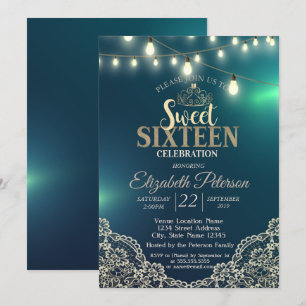 Elegant Lace,Lights,Tiara,Sweet 16 Party Invitation