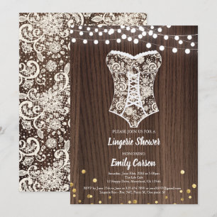 Elegant lace lingerie shower rustic wood invitation