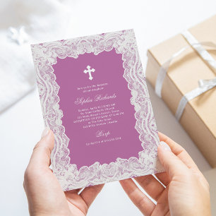Elegant Lace Look Rose Pink Baptism with Cross Invitation