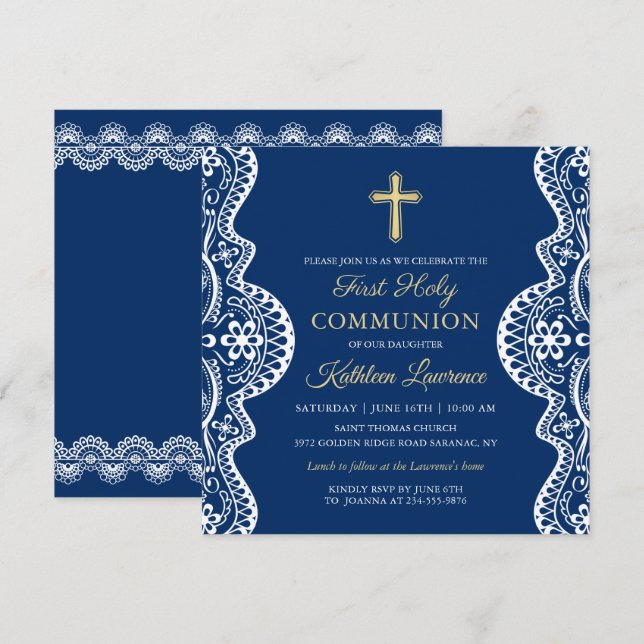 Elegant Lace Navy Blue First Holy Communion Invitation (Front/Back)