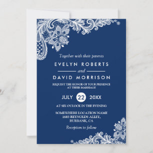 Elegant Lace Navy Blue White Formal Wedding Invitation