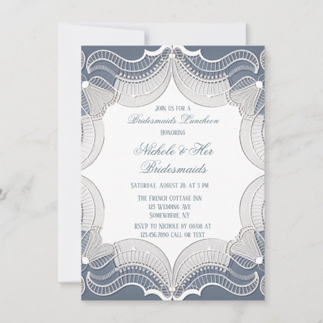 Elegant Lace On Blue Wedding Bachelorette Party Invitation (Front)