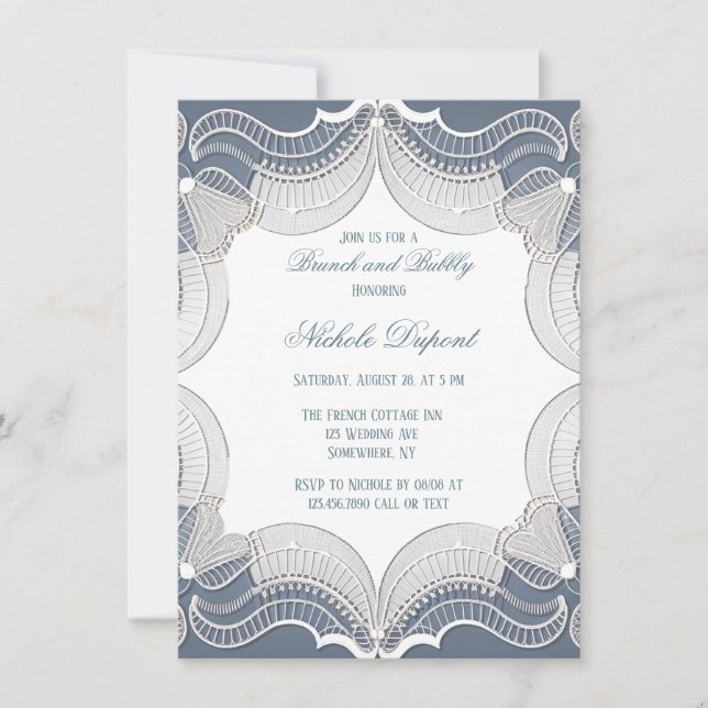 Elegant Lace On Blue Wedding Brunch & Bubbly Invitation (Front)