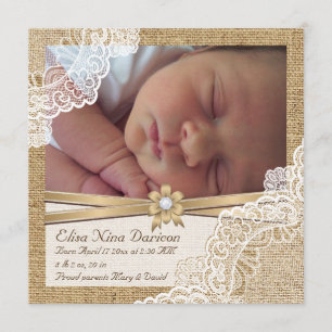 Elegant lace on burlap photo baby girl birth announcement