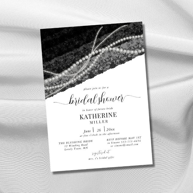 Elegant Lace Pearl Black White Chic Bridal Shower Invitation (Creator Uploaded)
