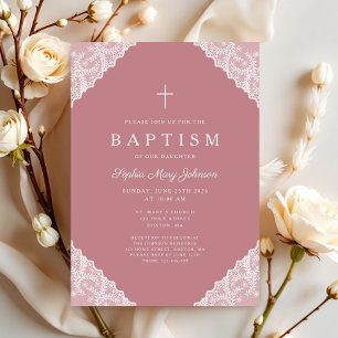 Elegant Lace Pink Baby Girl Baptism Invitation