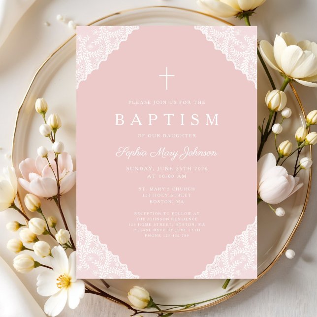 Elegant Lace Pink Baby Girl Baptism Invitation (Elegant Lace Pink Baby Girl Baptism Invitation)