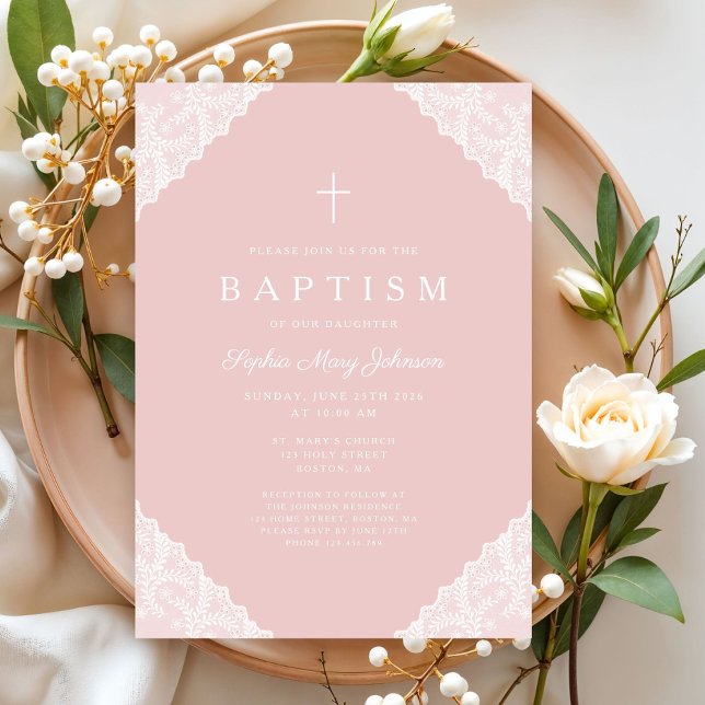 Elegant Lace Pink Baby Girl Baptism Invitation (Elegant Lace Pink Baby Girl Baptism Invitation)