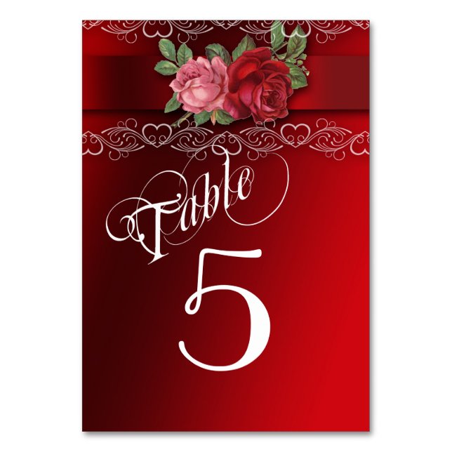 Elegant Lace, Red and Pink Roses, Table Number (Front)