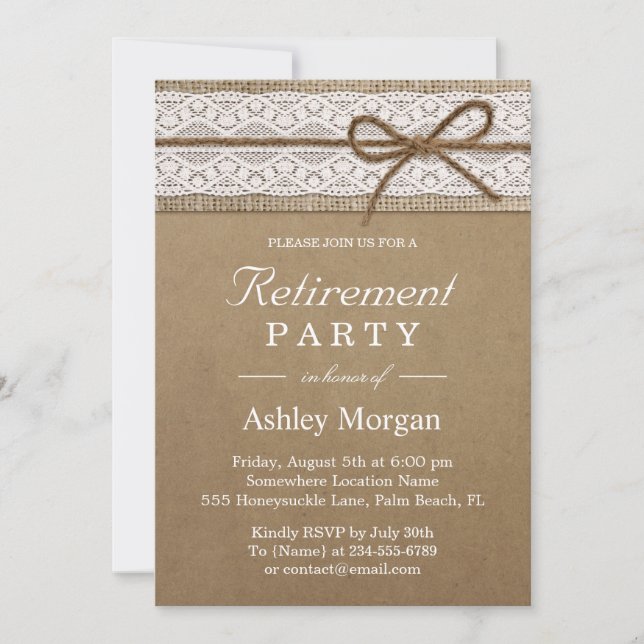 Elegant Lace Rustic Burlap String Retirement Party Invitation (Front)