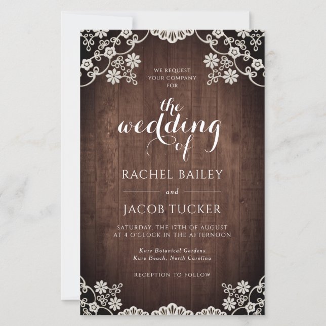 Elegant Lace Rustic Dark Wood Wedding Invitation (Front)