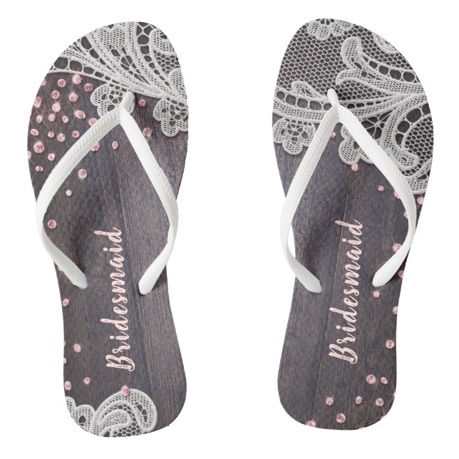 Elegant Lace rustic wood blush glitter bridesmaid Flip Flops (Footbed)