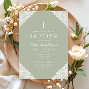 Elegant Lace Sage Green Baptism Invitation