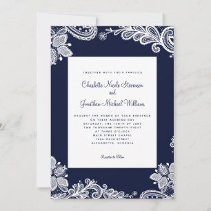 Elegant Lace Wedding Custom Photo Navy Blue White Invitation