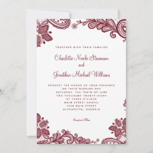 Elegant Lace Wedding Custom Photo Red White Chic Invitation