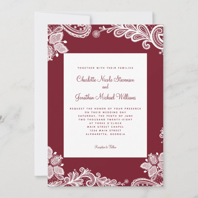 Elegant Lace Wedding Custom Photo Red White Invitation (Front)