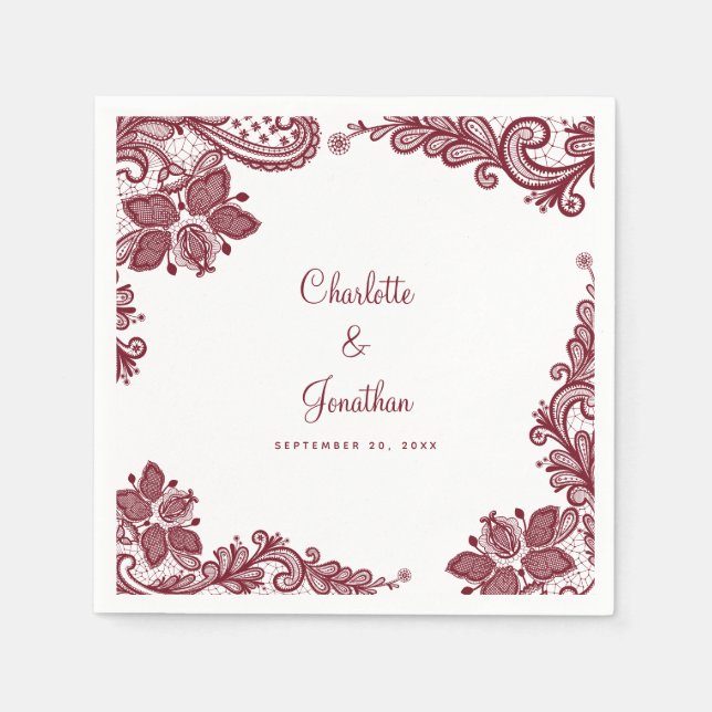 Elegant Lace Wedding Engagement Bride & Groom Red Napkin (Front)