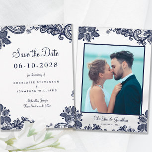 Elegant Lace Wedding Engagement Photo Blue White Save The Date