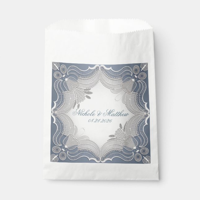 Elegant Lace Wedding On Blue Gradient Favour Bags (Front)