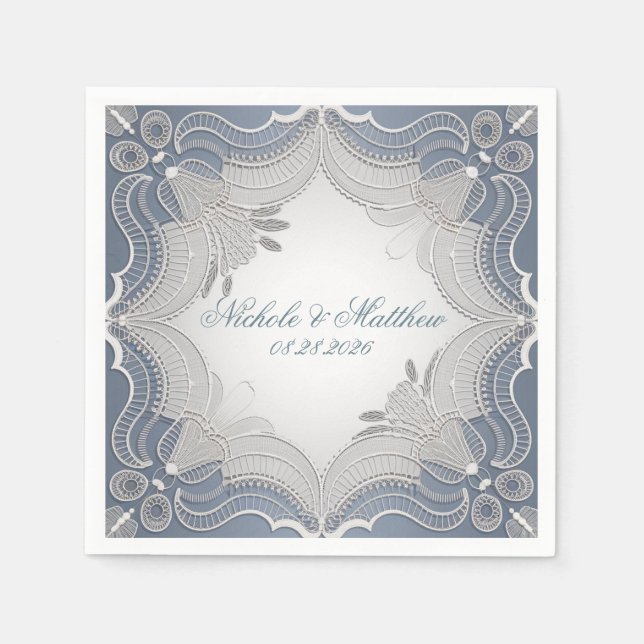 Elegant Lace Wedding On Blue Gradient Napkin (Front)