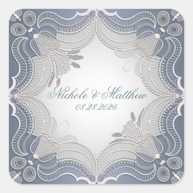 Elegant Lace Wedding On Blue Gradient Square Sticker (Front)