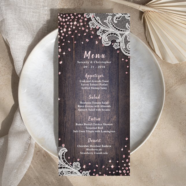 Elegant Lace wood pink glitter rustic wedding menu (Elegant Lace wood pink glitter rustic wedding menu)