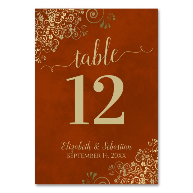 Elegant Lacy Gold Calligraphy Rust Orange Wedding Table Number (Front)