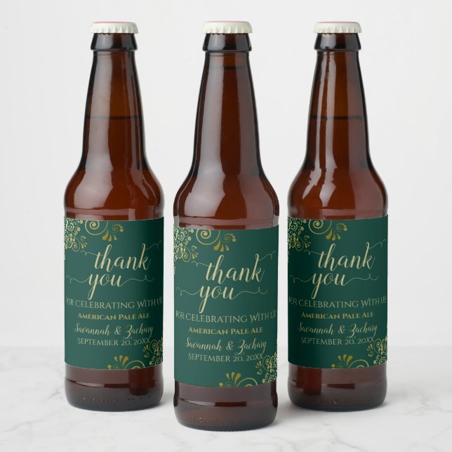Elegant Lacy Gold Emerald Green Wedding Thank You Beer Bottle Label (Bottles)