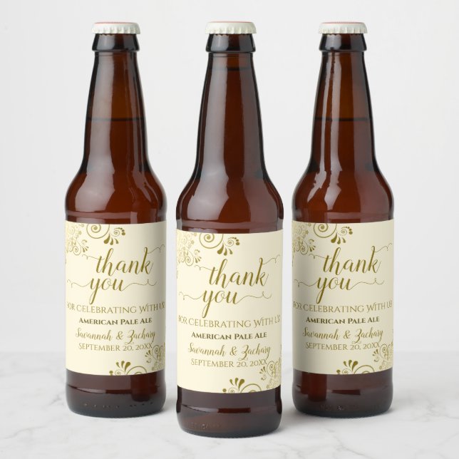 Elegant Lacy Gold on Cream Wedding Thank You Beer Bottle Label (Bottles)
