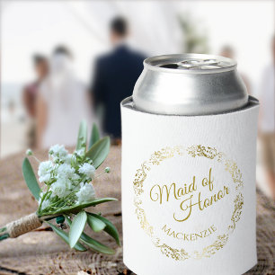 Elegant Lacy Gold on White Maid of Honour Wedding Can Cooler