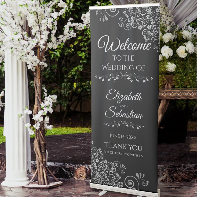 Elegant Lacy Silver & Black Classy Wedding Welcome Retractable Banner (Creator Uploaded)