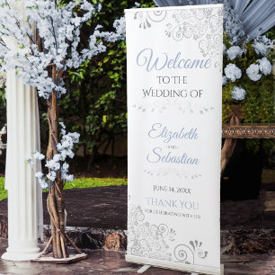 Elegant Lacy Silver & Dusty Blue Wedding Welcome Retractable Banner