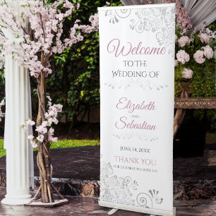 Elegant Lacy Silver & Dusty Rose Wedding Welcome Retractable Banner