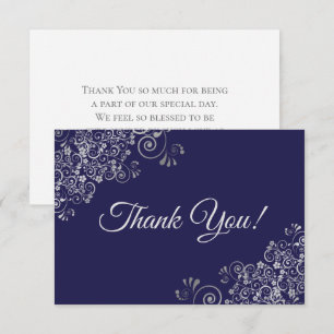 Elegant Lacy Silver & Navy Blue Simple Wedding Thank You Card