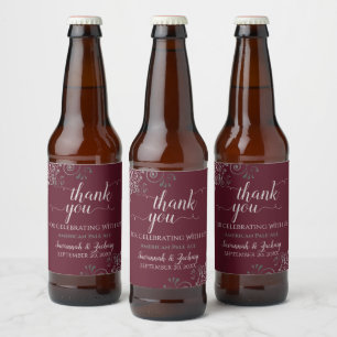 Elegant Lacy Silver on Burgundy Wedding Thank You Beer Bottle Label