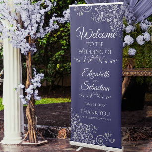 Elegant Lacy Silver on Navy Blue Wedding Welcome Retractable Banner