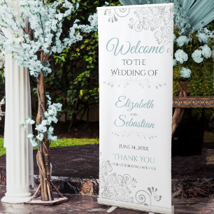 Elegant Lacy Silver & Teal Wedding Welcome White Retractable Banner