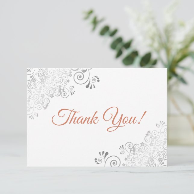 Elegant Lacy Silver & Terracotta on White Wedding Thank You Card (Standing Front)
