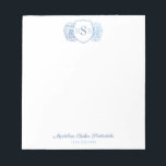 Elegant Ladies Ginger Jar Blue And White Monogram Notepad<br><div class="desc">A classic blue and white design featuring a 3 letter monogram inside a crest and blue and white watercolor ginger jars. The watercolor elements were originally handpainted by me in watercolors onto 100% cotton paper before being scanned and arranged / styled digitally (the crest shape is by another artist). You...</div>
