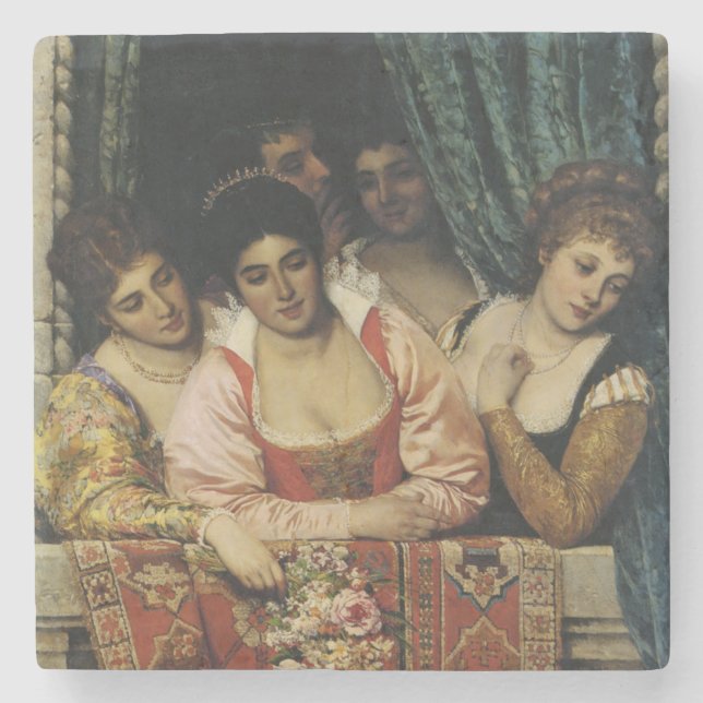 Elegant Ladies on a Balcony Stone Coaster (Front)
