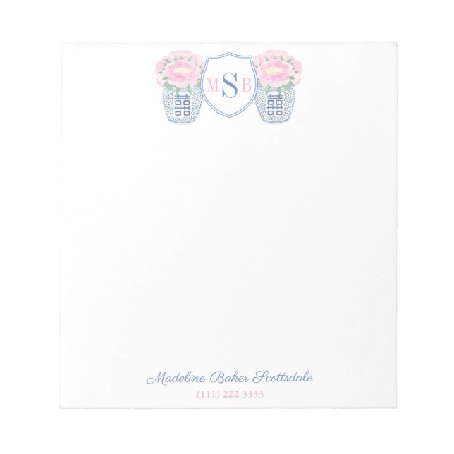 Elegant Ladies Pink Peonies Navy Blue Monogram Notepad (Front)