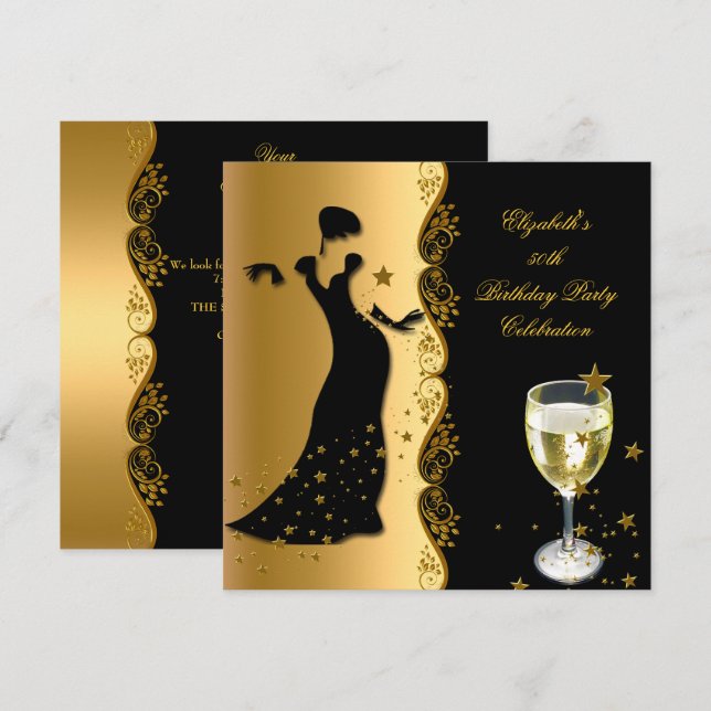 Elegant Lady 50th Birthday Party Gold Black Wine Invitation (Front/Back)