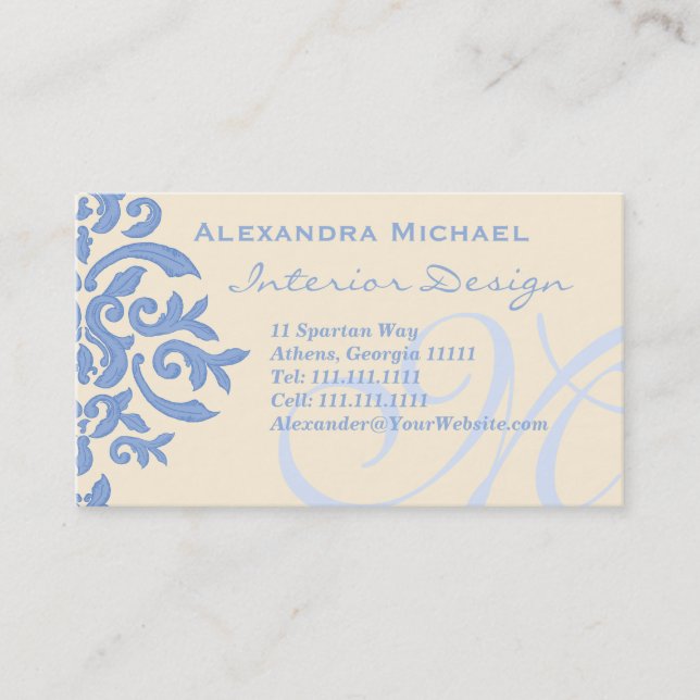 Elegant Lady Designer's Blue and Cream Business Card (Front)