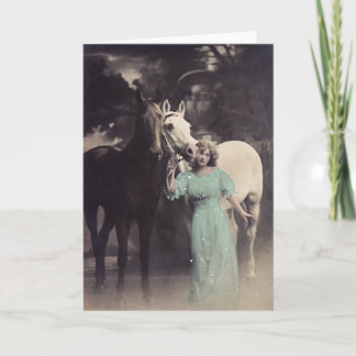 Elegant Lady in a Green Dress with Two Horses Card