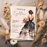 Elegant Lady In Black Gown 18th Birthday Party Invitation<br><div class="desc">Celebrate your special occasion with our elegant 18th birthday party invitation. This beautiful design features a graceful lady in a black gown, adorned with a simple hair tie, holding shades of peach pink and ivory peony flowers against a light peach background. The exquisite “Eighteen” script adds a sophisticated touch, making...</div>