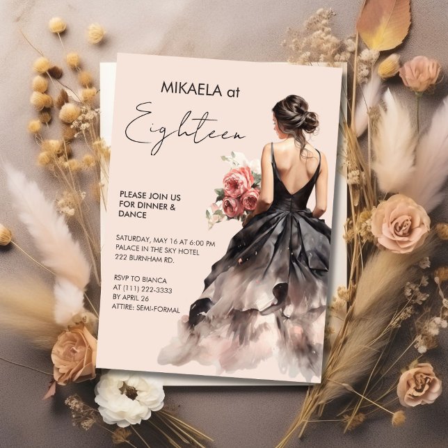 Elegant Lady In Black Gown 18th Birthday Party Invitation (Creator Uploaded)