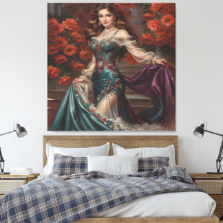 Elegant Lady in Floral Dress Amidst Red Poppies Canvas Print