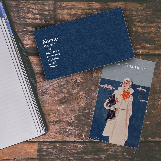 Elegant Lady in White by Ocean Black Scotty Dog Business Card (Lady with black Scottish Terrier dog in white suit by ocean with boats on business cards.)
